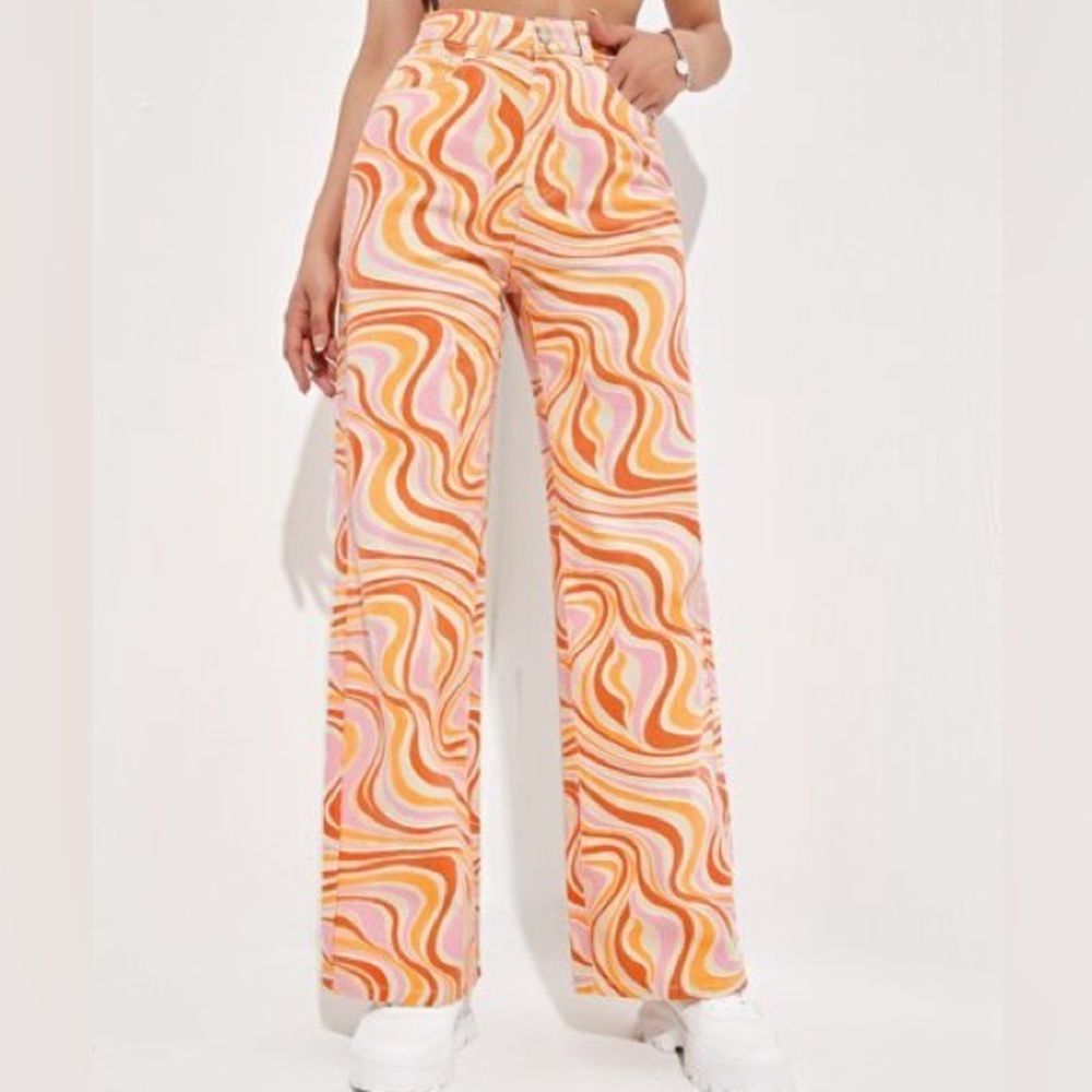Retro Psychedelic Swirl Print Pants Women’s S Multicolor High Waist Baggy Boho